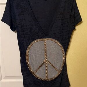 Black V-Neck T-Shirt with Gold Peace Sign